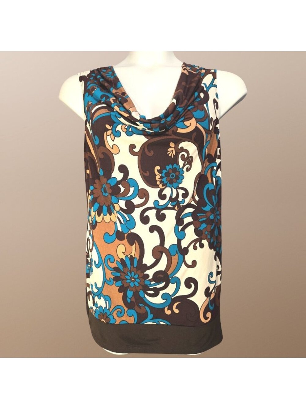 Y2K Brown Blue Floral Sleeveless XXL Tunic Top Groovy Funky Mod Print Cowl Neck